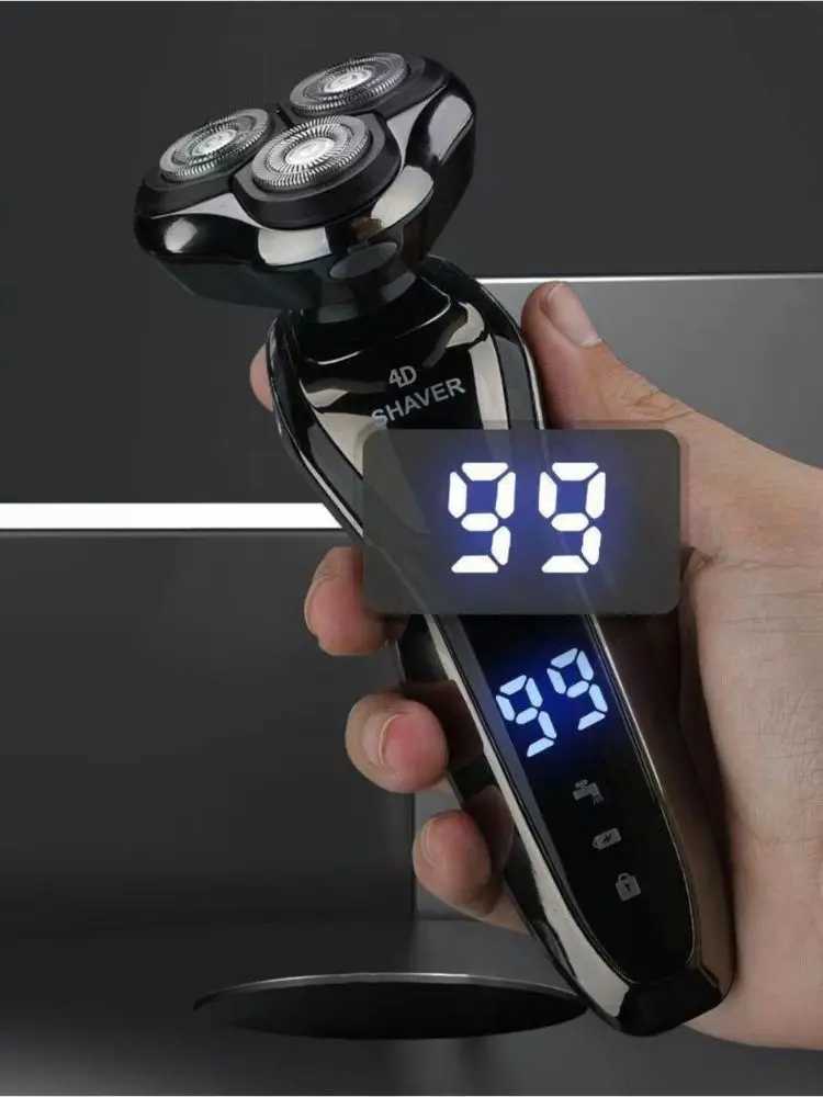 4D cordless electric shaver with floating 3-head dual ring blade mesh for full body cleaning equipped with nose hair and side functions W240819