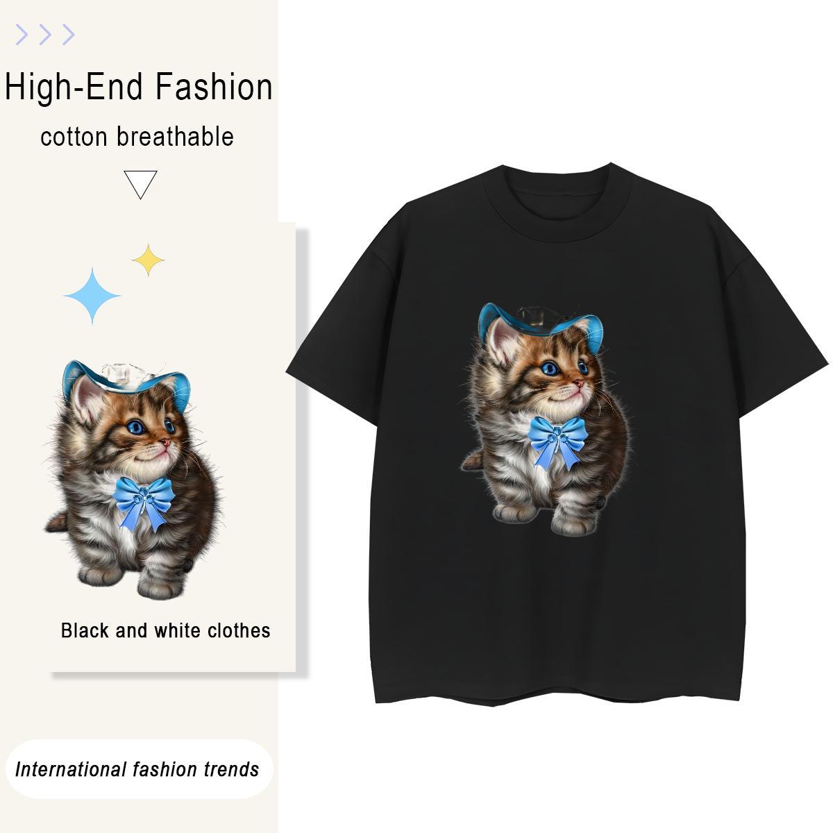Fashion Men Tops Tees cat Sports Casual 230g Pure Cotton Clothings Crew Neck Loose Men T Shirts Custom Printing