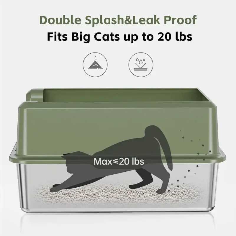 Large Stainless Steel High-Sided Enclosed Cat for XL Cats, Easy Clean Metal Kitty Litter Box with Scoop