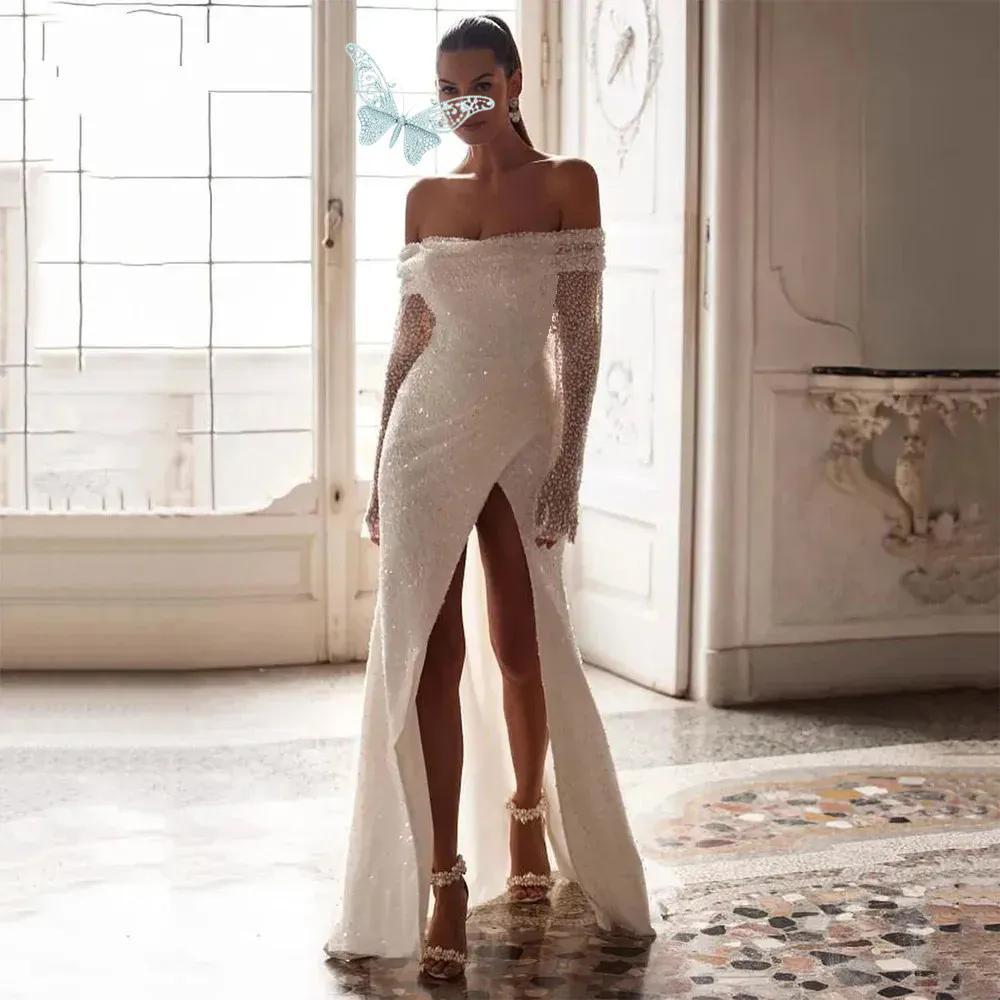 Glitter Squined Mermaid Wedding Dress Sexy Side Slit Long Sleeves Lace Up Beading Bridal Gown Floor Length Vestido De Novia Ne