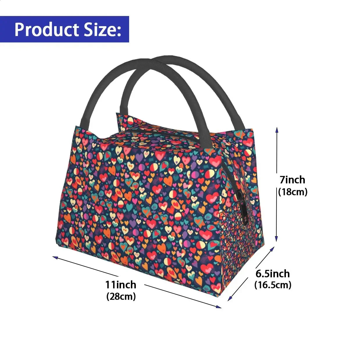 Colorful Heart Shape Lunch Bag Pattern Geometric Love Lunch Box School Portable Cooler Bag Print Thermal Tote Handbags 240819