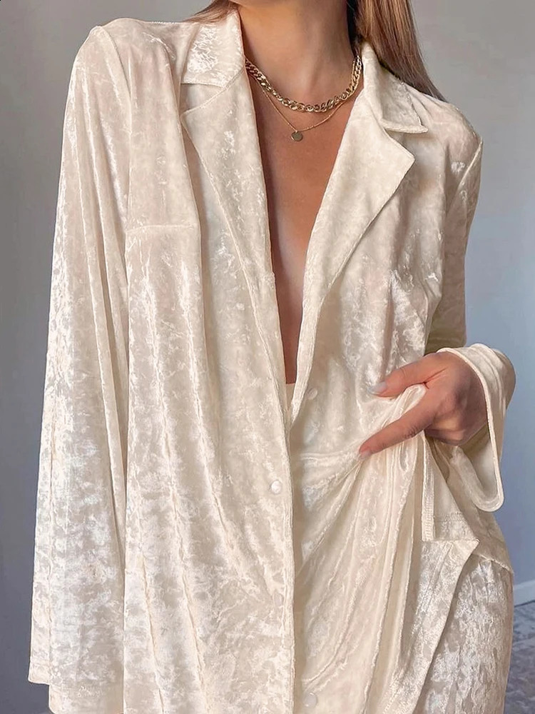 Hiloc Velvet Pajama Long Sleeve Womens Set Collar Knitted Trouser Single Chest Family 240819