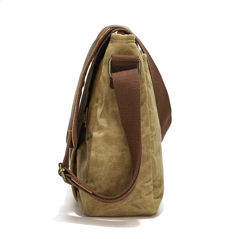 Mens Small Vintage Messenger Waterproof Travel Shoulder Crazy Horse Leather Waxed Canvas Crossbody Bag 240819