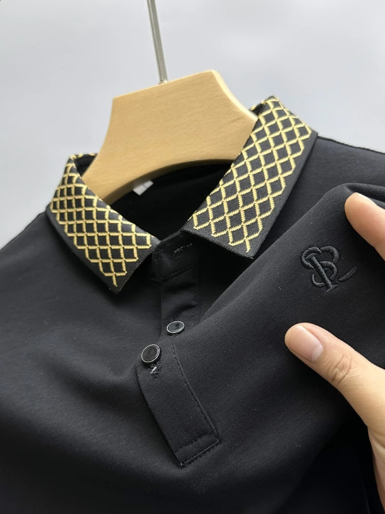 fashionable plaid lapel short sleeved polo shirt for mens summer high-end cotton comfortable breathable T-shirt men 240820