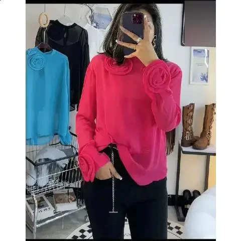 KUSAHIKI Fashion 3D floral top womens fashion Korean elegant bottom shirt autumn long sleeved Blusas Feminina 240819