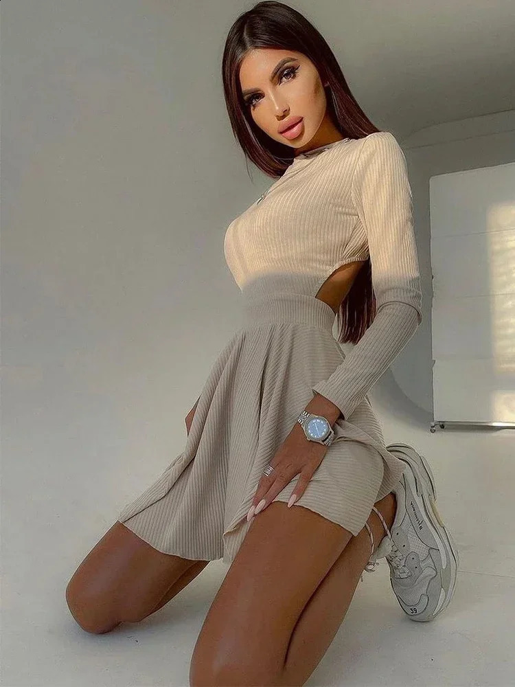 Sexy Long Sleeve Mini Dress Autumn Winter Women O Neck Slim Pleated Short Bodycon Dresses Evening Prom Backless Party Clubwear 240819
