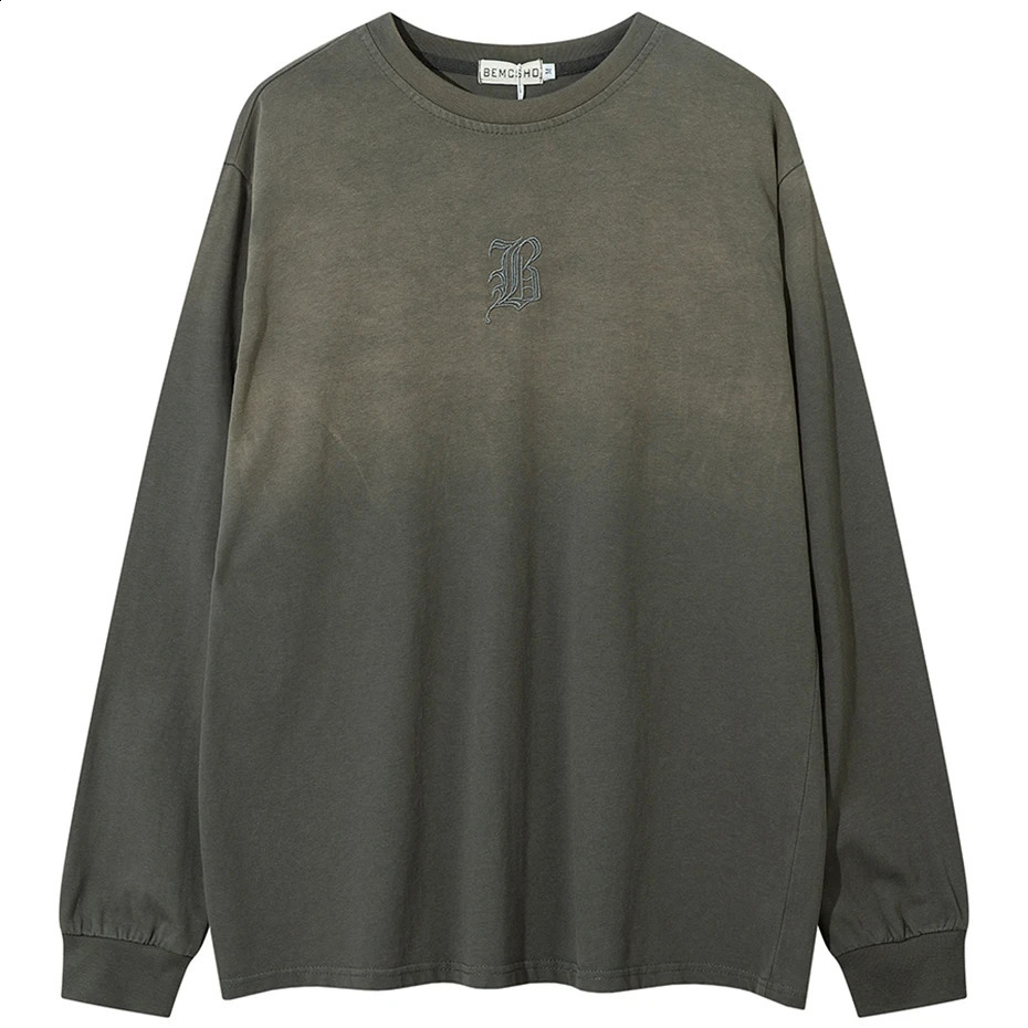 Streetwear Hip Hop Long Sleeve T-shirt Letter Embroidery Loose Black Tee Tops Men Washed Vintage Harajuku Oversized T Shirt Y2K 240820