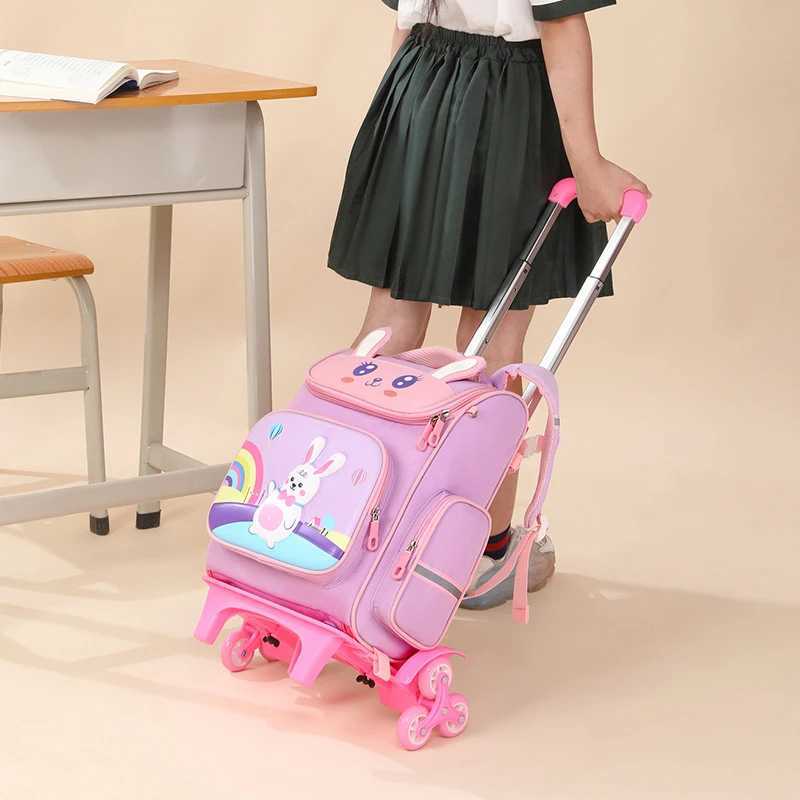 Trolley School Bag Boy Girl Kids Trolley Roller Bag Dinosaur Rabbit Preschool Wheeled Bags 6 Wheel Lightweight Backpack Y240820