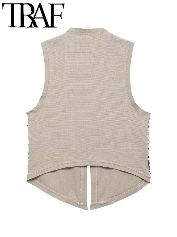 TRAF Sparkling Silver sequin Patch Work Womens Tank Top Summer Vneck Sleeveless Open Front Crop Irregular Y2K 240819