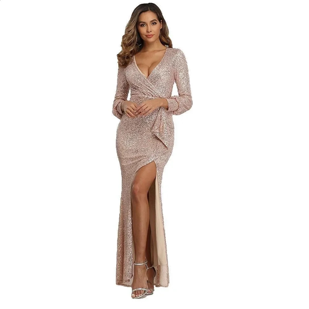 Cross-border Socialite Style Party Dress Long Sexy High Side Slit Long Sleeve Sequins Evening Dress For Women 240819
