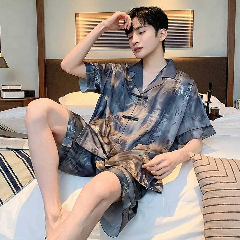 2024 Summer New Mens Pajama Set with Silk Ice Silk Loose Comfortable Pajama SetW240719