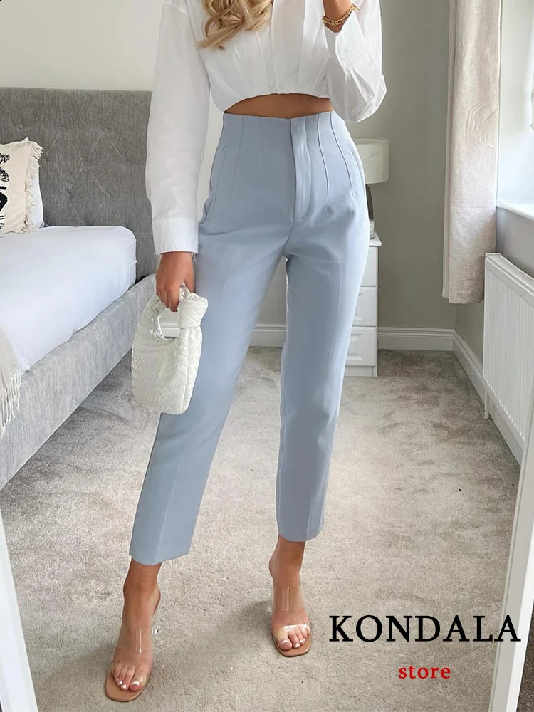 TRAFZA Womens Light Blue Fashion Office Wearing Straight Pants Retro High Waist Zipper Flying Trouser 240819