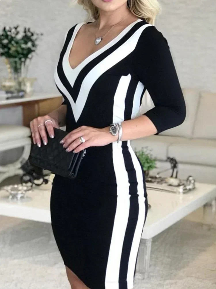 Contrast Color Striped Tape Bodycon Dress Women Sexy V Neck Long Sleeve Party summer Dress 240819