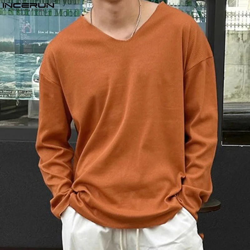 Men Casual T Shirt Solid Color V Neck Long Sleeve Knitted Fashion Men Clothing Streetwear Leisure Tee Tops S-5XL INCERUN 240820