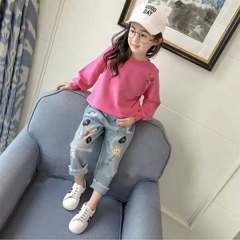 Girls pants cotton Jean Trousers 2023 printing spring/summer youth sports school baby and childrens clothingW240819