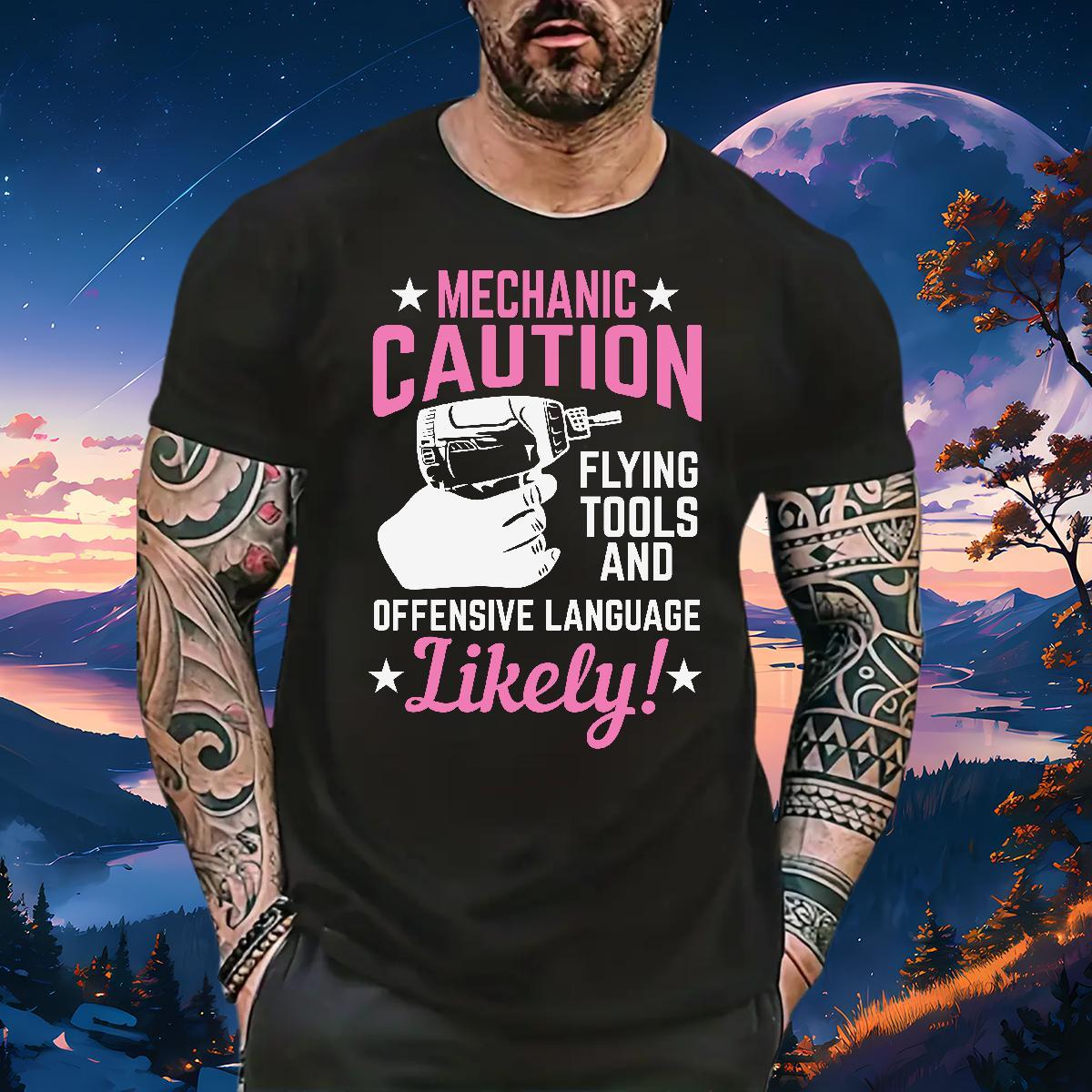 Brand mechanic caution 100% Cotton 230g Men Tees Spring Summer Breathable Short Sleeve Mens T Shirts 2024 DIY Printed Clothes