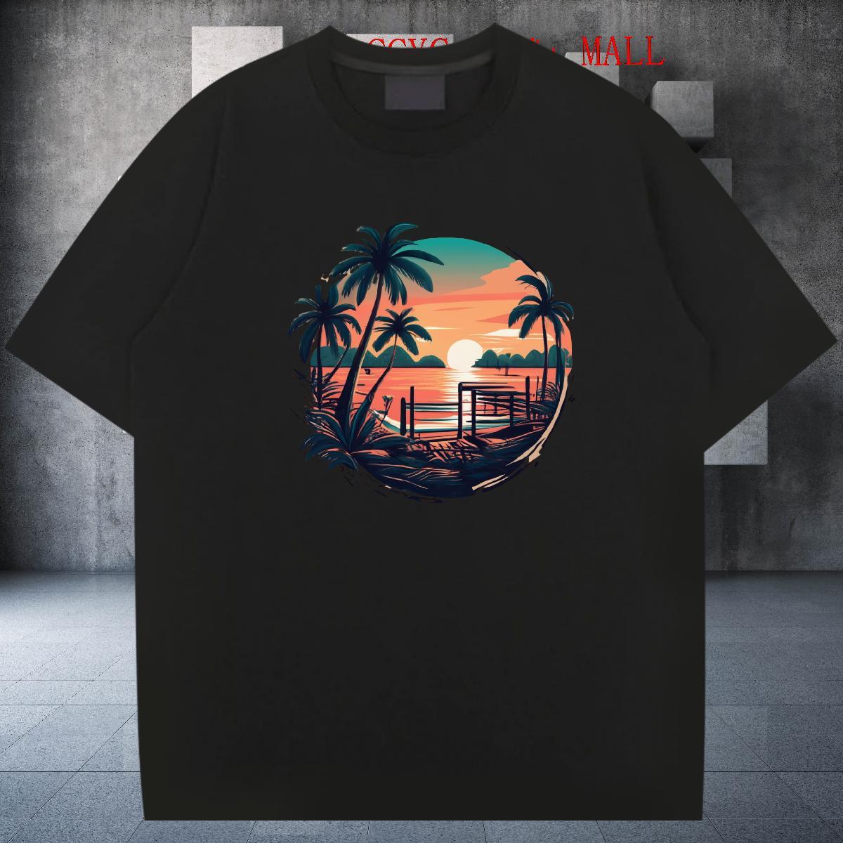 Brand Men Tees Hip Hop 100% Cotton 230g Plus Size Cartoon Crew Neck Breathable beach T-Shirts Fashion Casual Tops