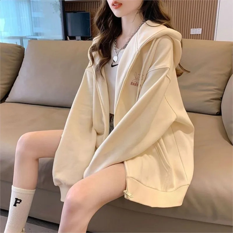 Printed Hoodie Womens Retro Harajuku Solid Jacket Street Zipper Casual Loose Sportswear Clothing Y2K NS5608 240819