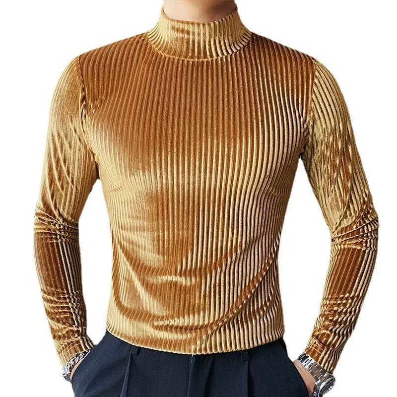 New Gold Velvet T Shirt Men Clothing 2024 Autumn and Winter Fashion Luxury Prom Party Long-sleeved Striped Pullover Homme 4XL-SXJ240819