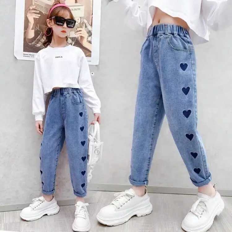 Children girls jeans floral cartoon pants spring autumn graffiti painting casual Trouser with holes childrens denim pantsW240819