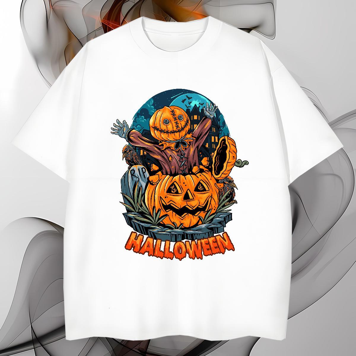 Unisex T-Shirts for Men halloween O Neck Short Sleeves Home Outdoor Skull 100% Cotton 230g Tshirt for Man Woman Classic Tops Tees