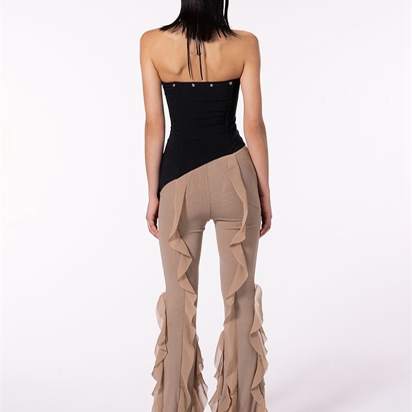 Women s Ruffle Flare Pants y2k Solid Low Rise Stretch Bell Bottom Trousers Rave Club Streetwear 240819