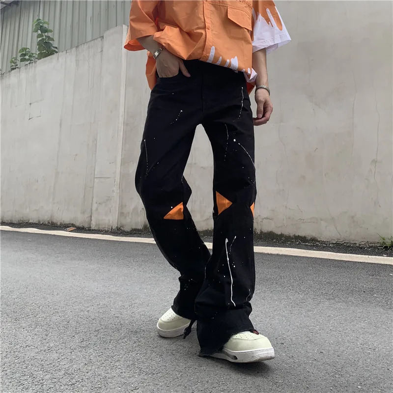 ICCLEK High Street Loose Jeans Zipper Slit Flared Pants Mens Pants Casual Black Denim Pants Stacked Jeans Men Jeans Pants 240819