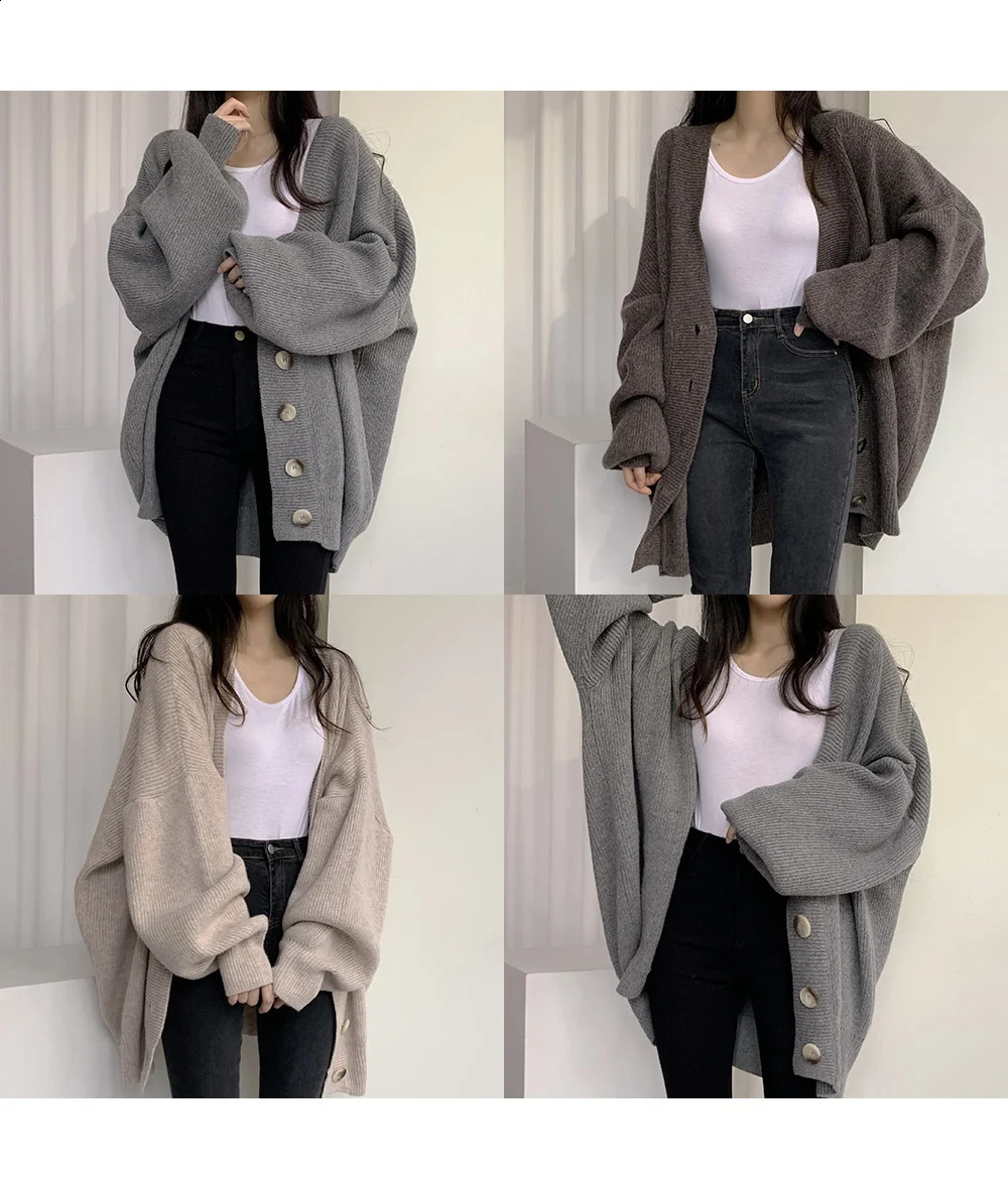 Vneck knitted cardigan womens thick autumn and winter Korean style loose casual long sleeved sweater jacket in 3 colors 240819