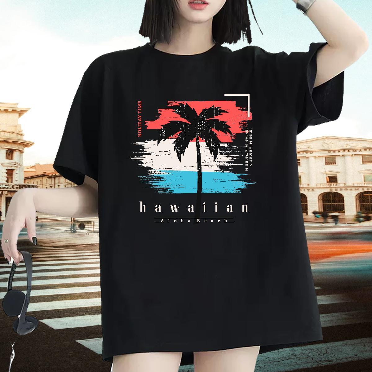 Fashion Womens Tshirts Hip Hop Street Breathable Soft Tees Shirts Popular 230g Pure Cotton tree Cartoon Floral Printing T-Shirts for Women