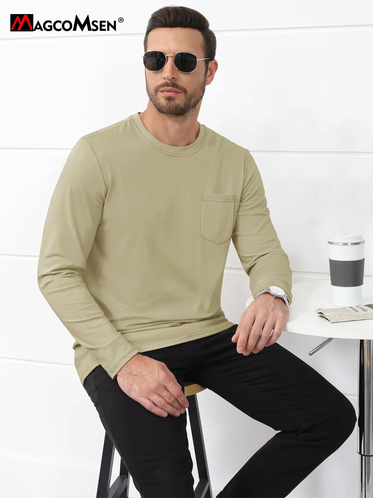 MAGCOMSEN Cotton Long Sleeve T-shirt Mens Crew Neck Shirt with Chest Pocket Lightweight Daily Casual Top Soft Work Shirt 240820