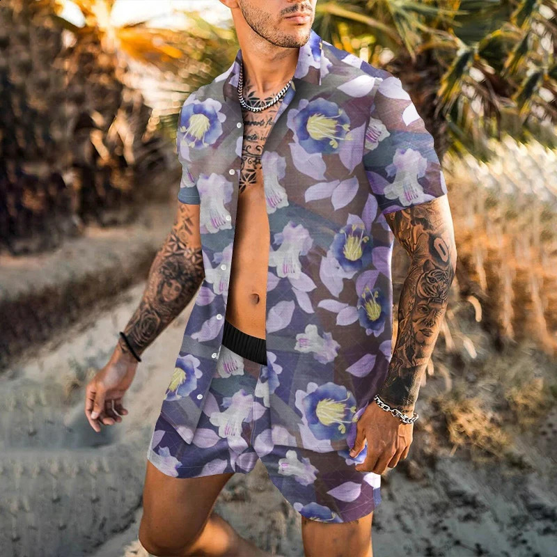Hawaiian Men Cardigan 2Pcs Sets Summer 3D Print Short Sleeve Button Shirt Beach Shorts Holiday Mens Daily Two Piece Suit i240819