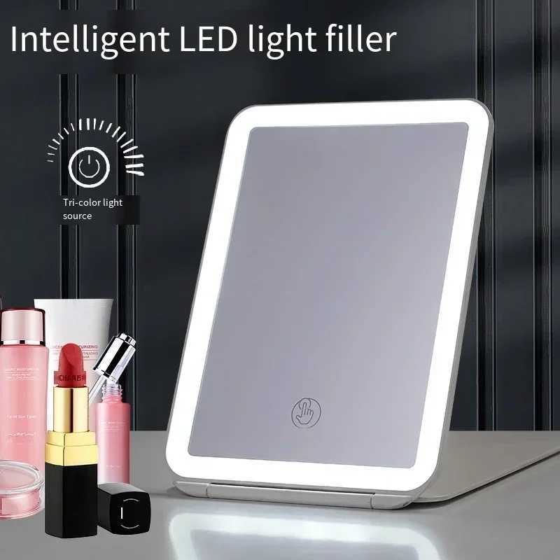 3 Colors Light Modes Cosmetic Mirrors Folding Led Lighted Touch Screen Makeup Mirror USB Rechargeable Complementary Mirror Y240819