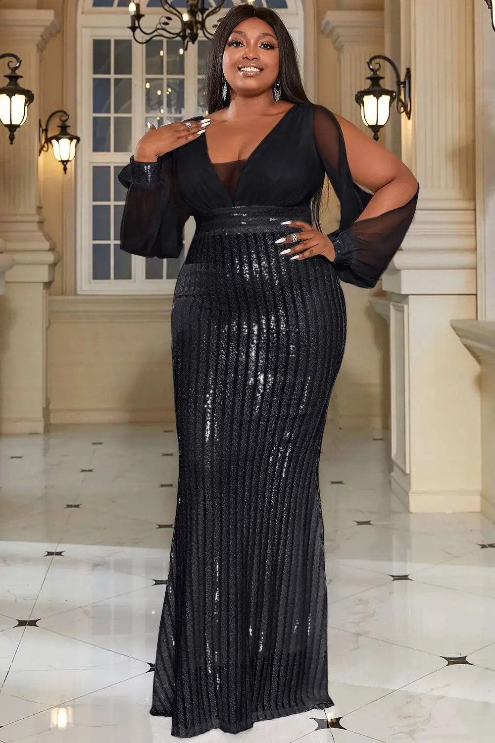 Plus Size Formal Dress Black Print See Through Trumpet Sleeve Tulle Maxi Dress 240819