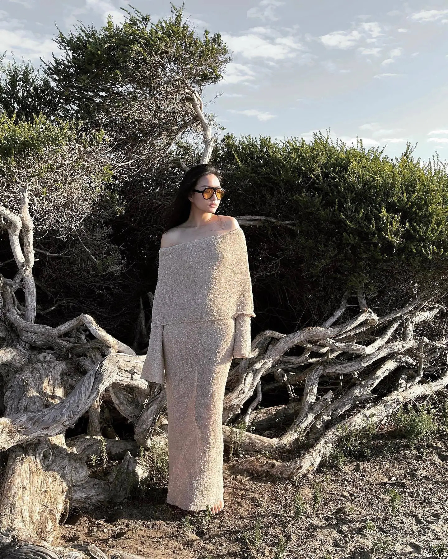 Summer Women Slash Nexk Sunscreen Maxi Dress Fashion Elegant Holiday Sexy See Through Long Sleeve Bodycon Knitted Long Dresses 240819