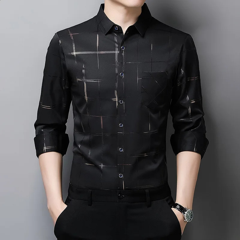Argyle Mens Dress Shirts MaleHigh Quality Long Sleeve Slim BusinessCasual Shirt Turn Down Collar Stripes Single-preasted 240820