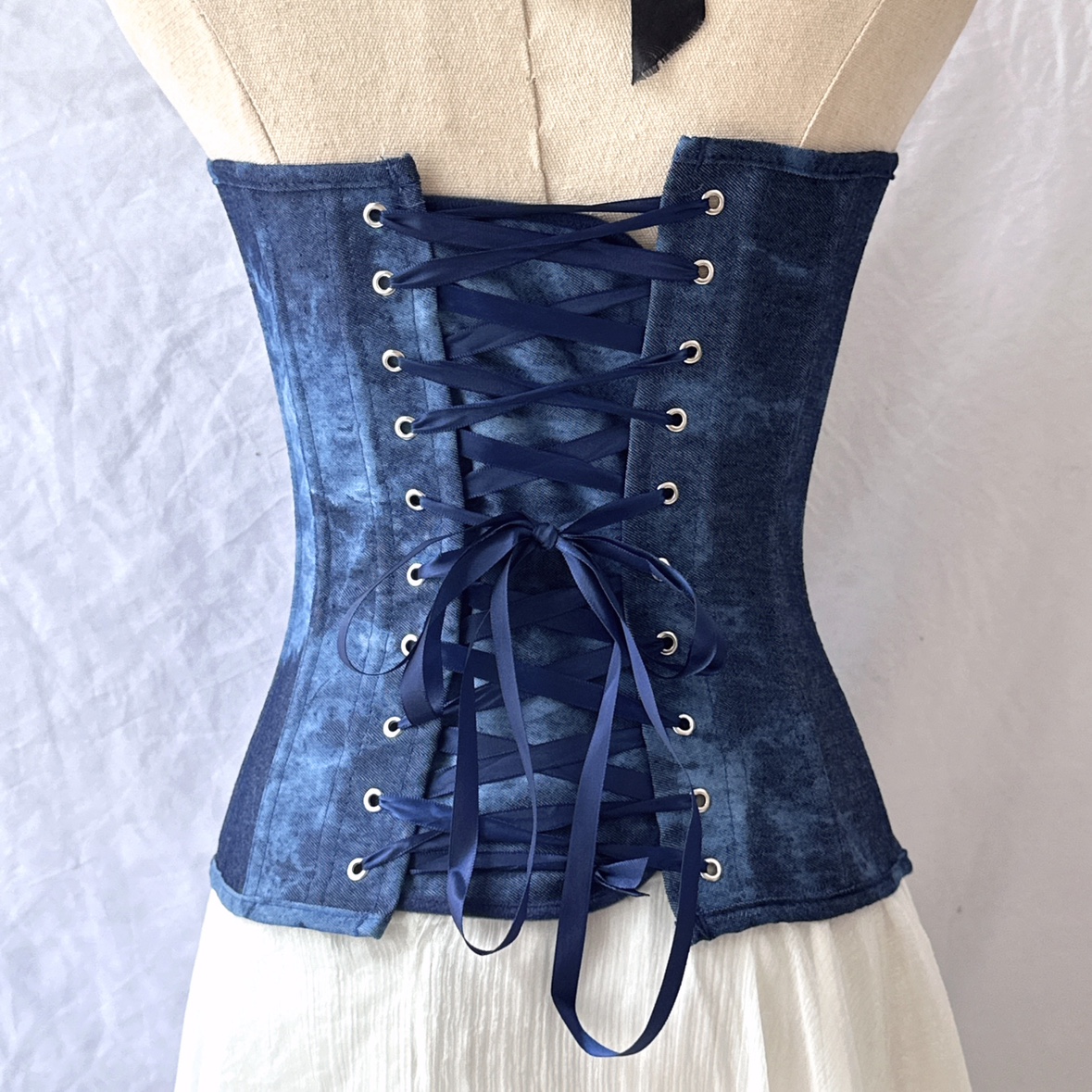 Retro Blue Denim Overbust Corset with Intricate Tie-Dye Pattern - Medieval Inspired Fashion S-3XL Plus Size for Cosplay and Renaissance Events
