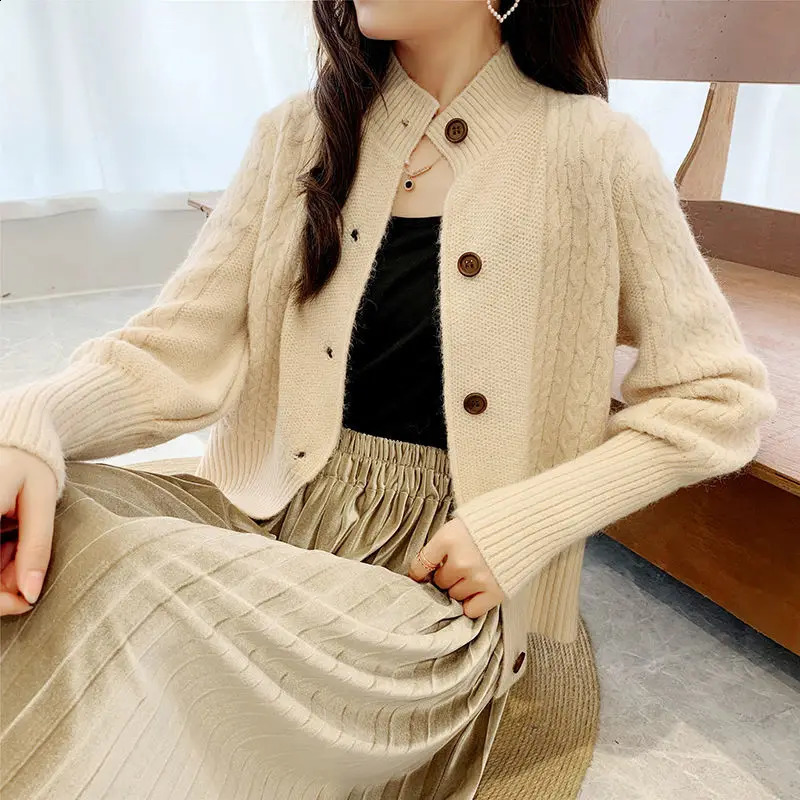 Autumn and Winter Womens Open breasted Solid Long sleeved Threaded Button Knitted Ultra thin Fashion Stand up Collar Sweater Jacket 240819