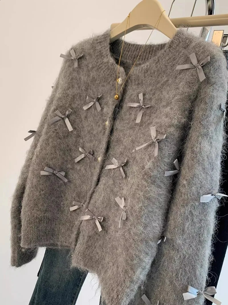 Grey bow sweater AutumnWinter Womens high temperature soft Mohair knitted cardigan perfume coat casual top 240819