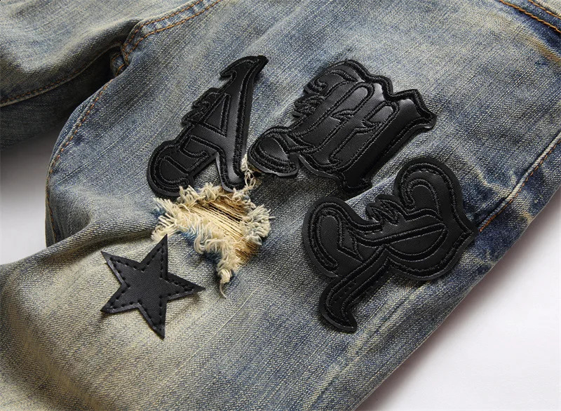 Mens lightweight y stretch blue jeans star embroidered ultrathin fit ripped casual a musthave for youthful sexiness and coolness; 240819