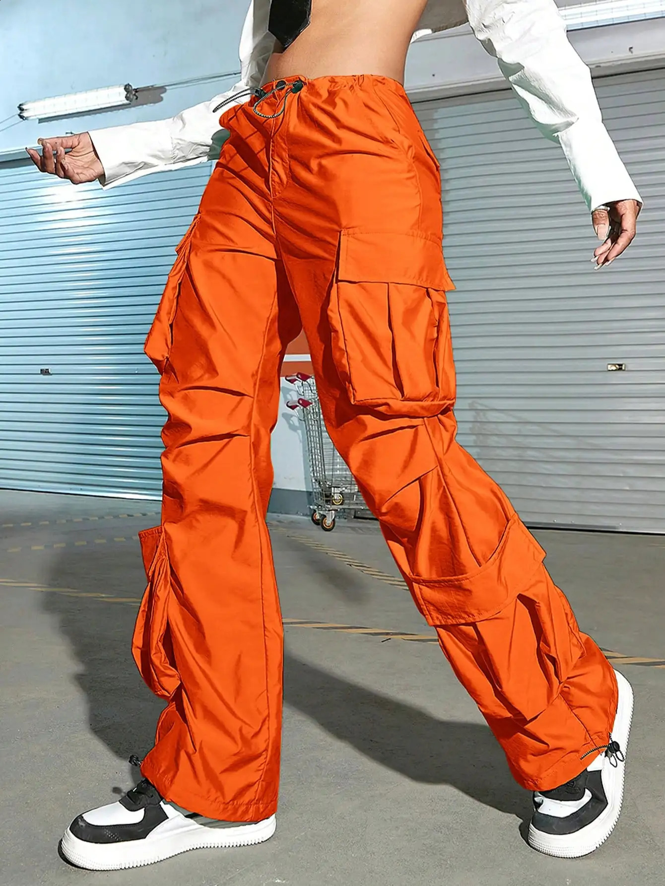 Elastic waistband tie pocket loose wide leg work pants 240819