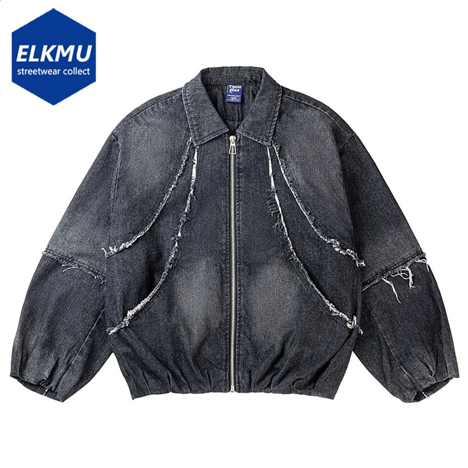 Mens Vintage Splicing Denim Jackets Harajuku Streetwear Hip Hop Oversized Jacket Zipper Coat Man Retro Loose Zipper Jacket 240819