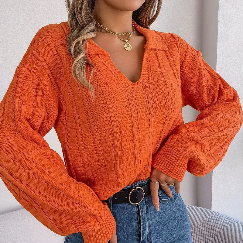 Autumn and winter womens Pullover polo long sleeved solid plain loose office fashionable casual knitted sweater top 240819