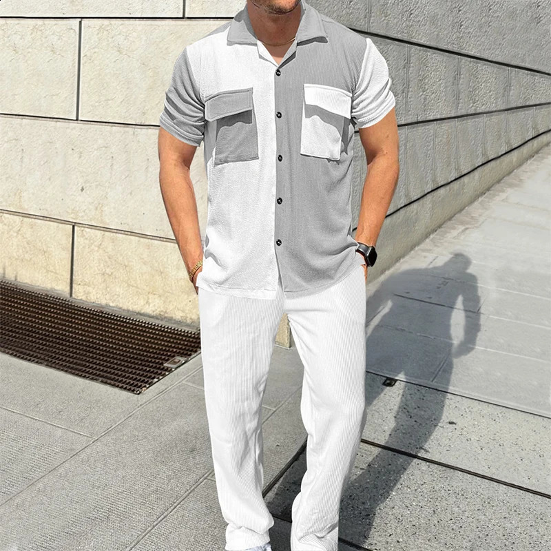 Autumn Men Cardigan Shirt and Trousers 2 Pieces Set Casual Party Lapel Button Short Sleeve Suit Solid Color Fall Streetwear i240819