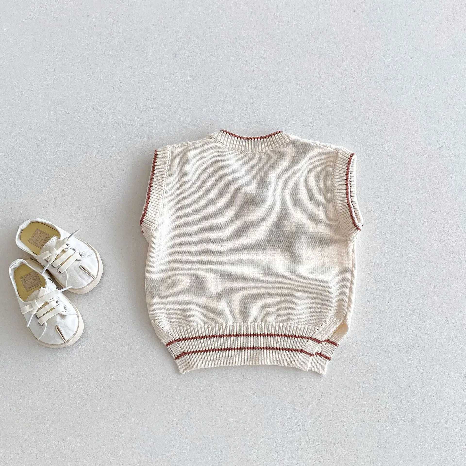 Autumn New Children V-neck Knitted Vest Cotton Loose Boys Girls Solid Casual Sweater Knitwear Baby Sleeveless Tops Kids ClothesXJ240819