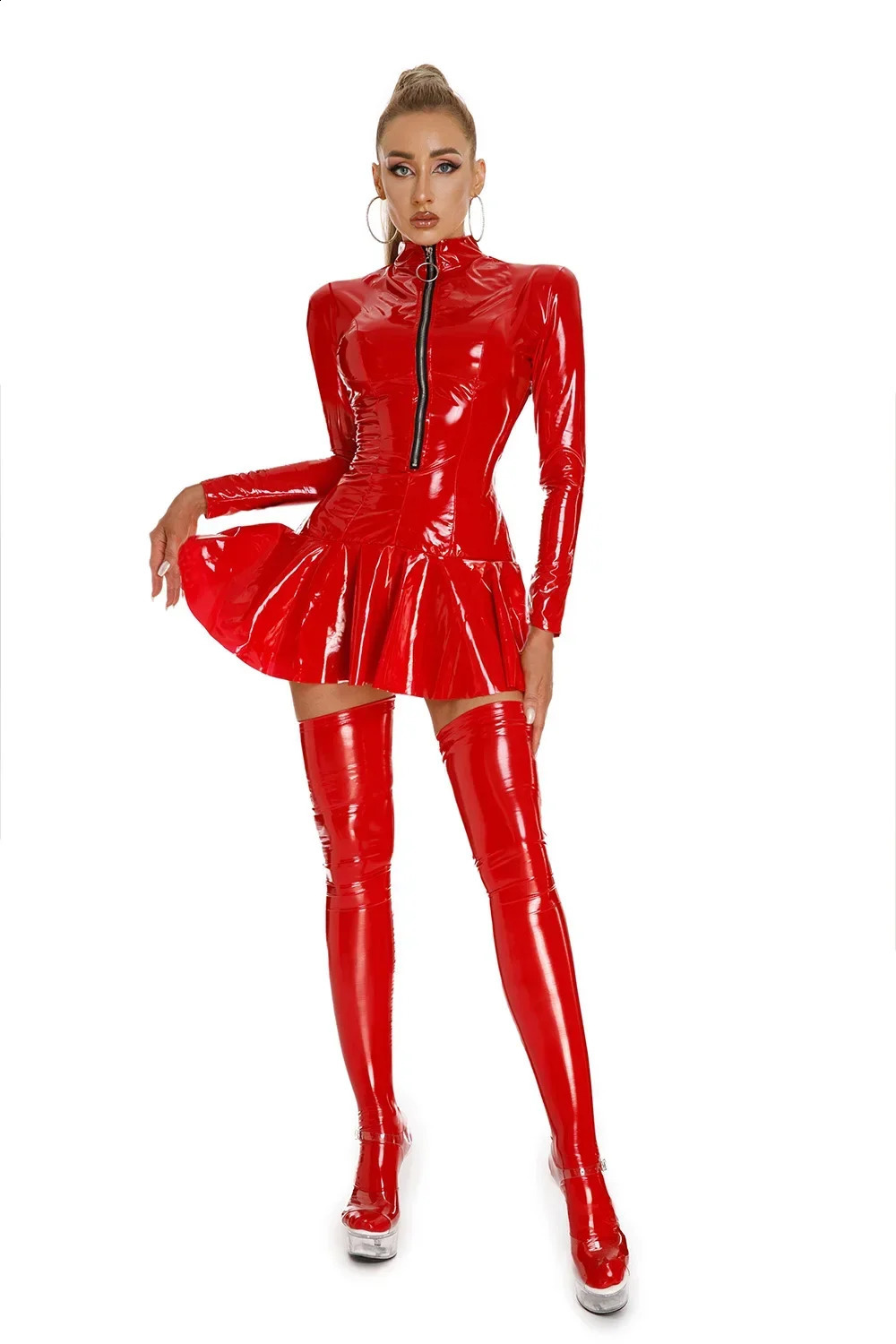 Latex Hollow Zipper Stand Up Collar A-Line Mini Pleated Skirt Latex Dresses Womens Wet PVC Leather Tight Bodycon Mini Dress 240819