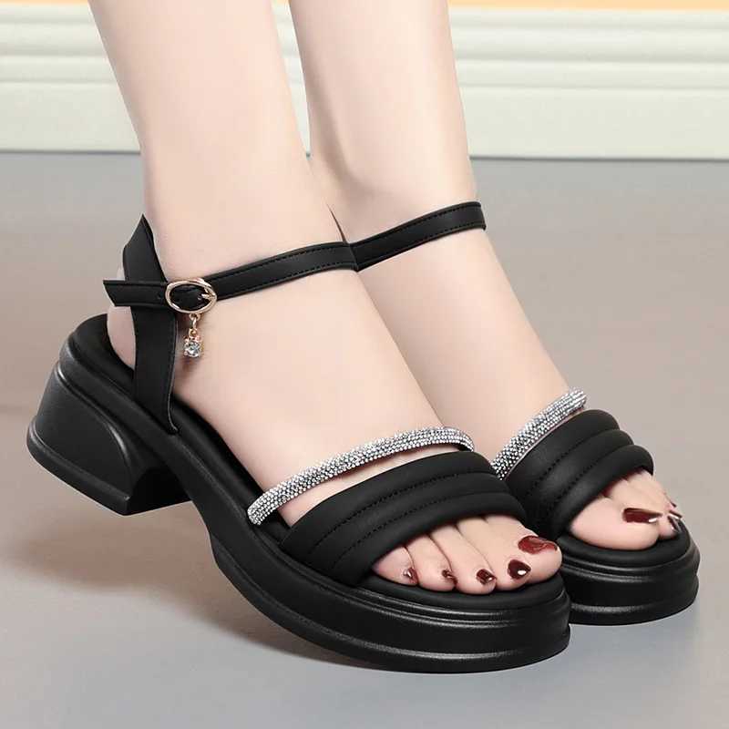 Comfortable Rhinestone Soft Leather Shoes Platform Sandals Summer 2024 Womens Med Square Heels Sandals For Office Mom Elegant CL240806