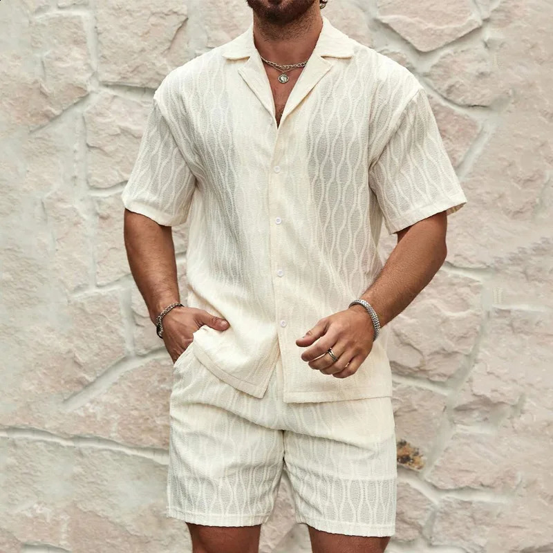 Stylish Mesh Lace See Through Shirts Men Vintage Turn-down Collar Buttoned Shirt 2024 Summer Short Sleeve Mesh Cardigans Set 240819