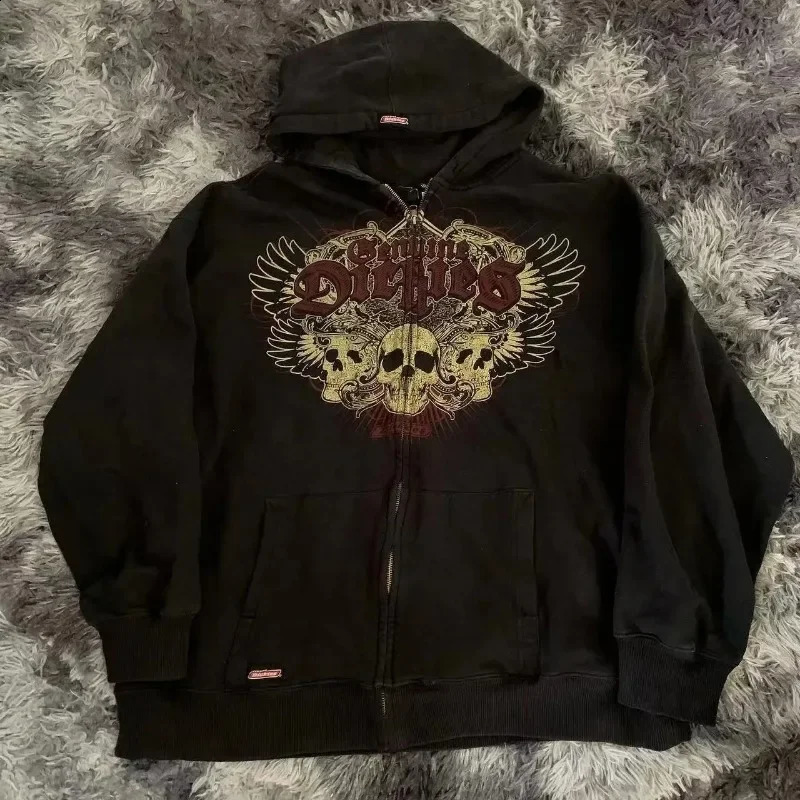 Hiphop Gothic fashion skull print zipper hoodies for men 2024 autumn and winter long-sleeved casual versatile baggy sweatshirts 240819