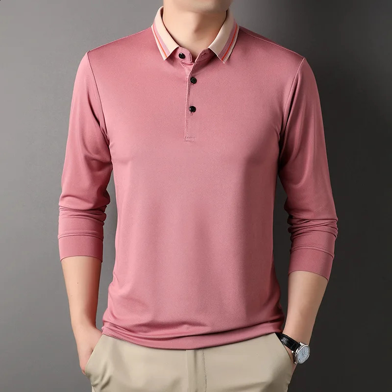 Spring Summer Men Shirts Polo Casual Button Striped Solid Long Sleeve Fashion Turn-down Collar Tee Comfortable Tops 240820