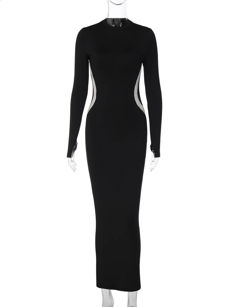 Hugcitar Color Block O Neck Long Sleeve Sexy Bodycon Slim Maxi Prom Dress Fall Women Elegant Party Streetwear Clothes Y2K 240819